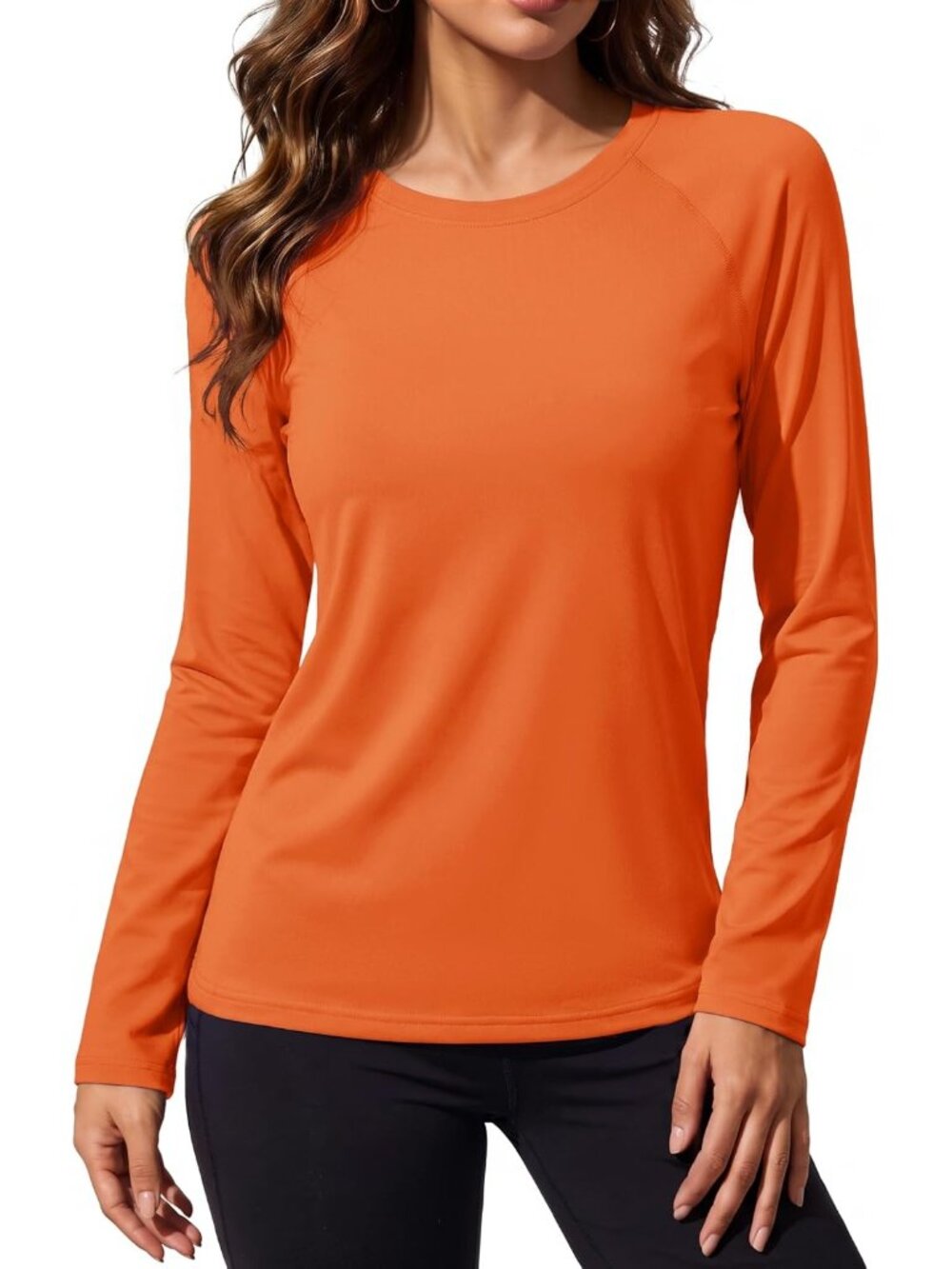 Women's Orange Long Sleeve Crew Neck Warm Undershirts Casual Tops Shirts
